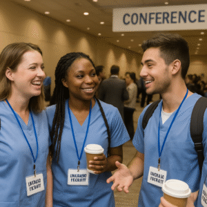 Nursing students networking at a conference