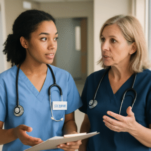 Nursing student discussing with preceptor